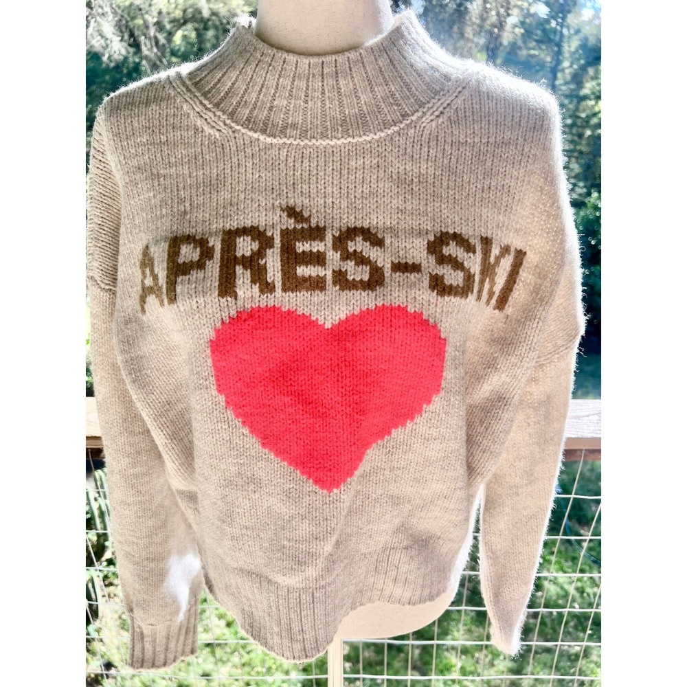 American Eagle Apres-Ski Heart Mock Neck Sweater Beige Gray Womens Medium